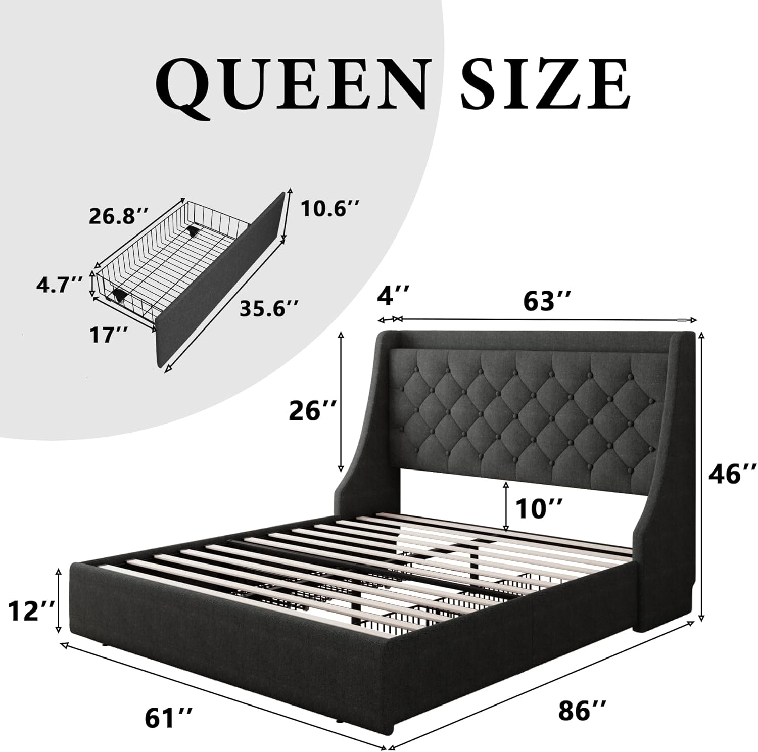 iPormis Queen Bed Frame with 4 Storage Drawers, Upholstered Platform Bed Frame with Type-C & USB Ports, Wingback Storage Headboard, Solid Wood Slats, No Box Spring Needed, Dark Gray