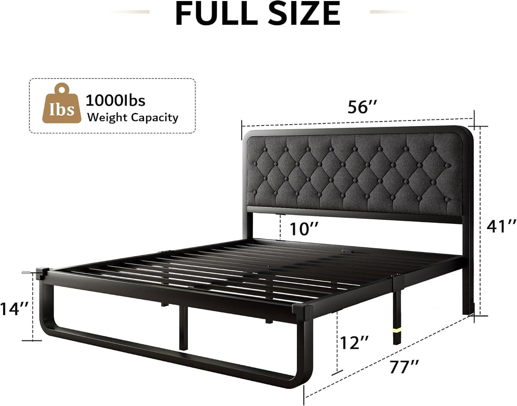 iPormis Full Bed Frame with Headboard Faux Leather Upholstered Bed Frame Platform, All Metal Slats Support Platform Bed Frame with 12" Under Bed Space, Noise Free, No Box Spring Needed, Dark Grey