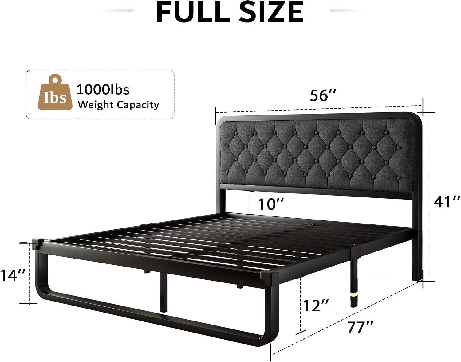 iPormis Full Bed Frame with Headboard Faux Leather Upholstered Bed Frame Platform, All Metal Slats Support Platform Bed Frame with 12" Under Bed Space, Noise Free, No Box Spring Needed, Dark Grey