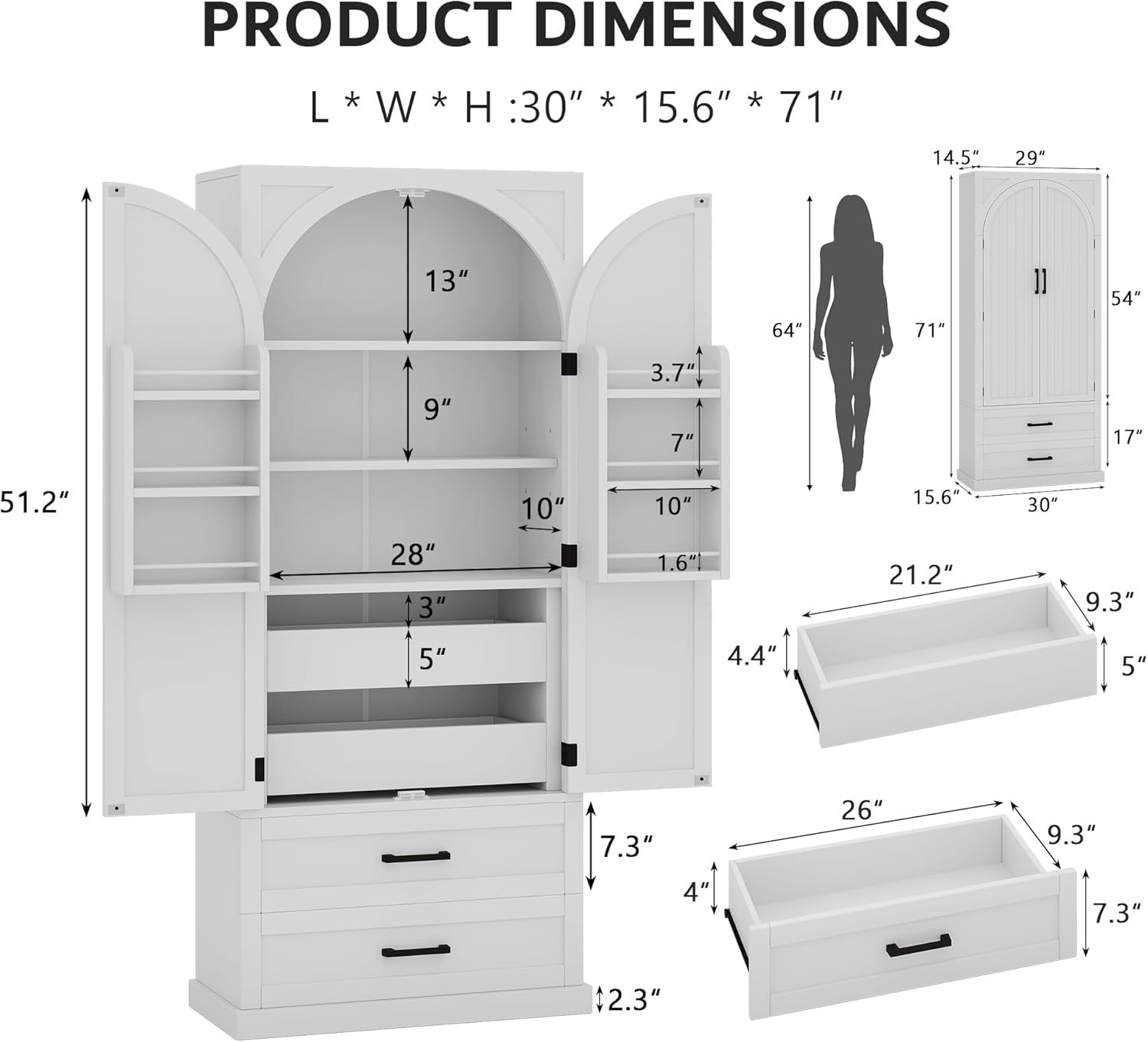 iPormis 71" Tall Kitchen Pantry Storage Cabinet w/Adjustable Shelf, Door Shelves & Large Drawers, Freestanding Kitchen Cupboard for Dining Room/Living Room, White