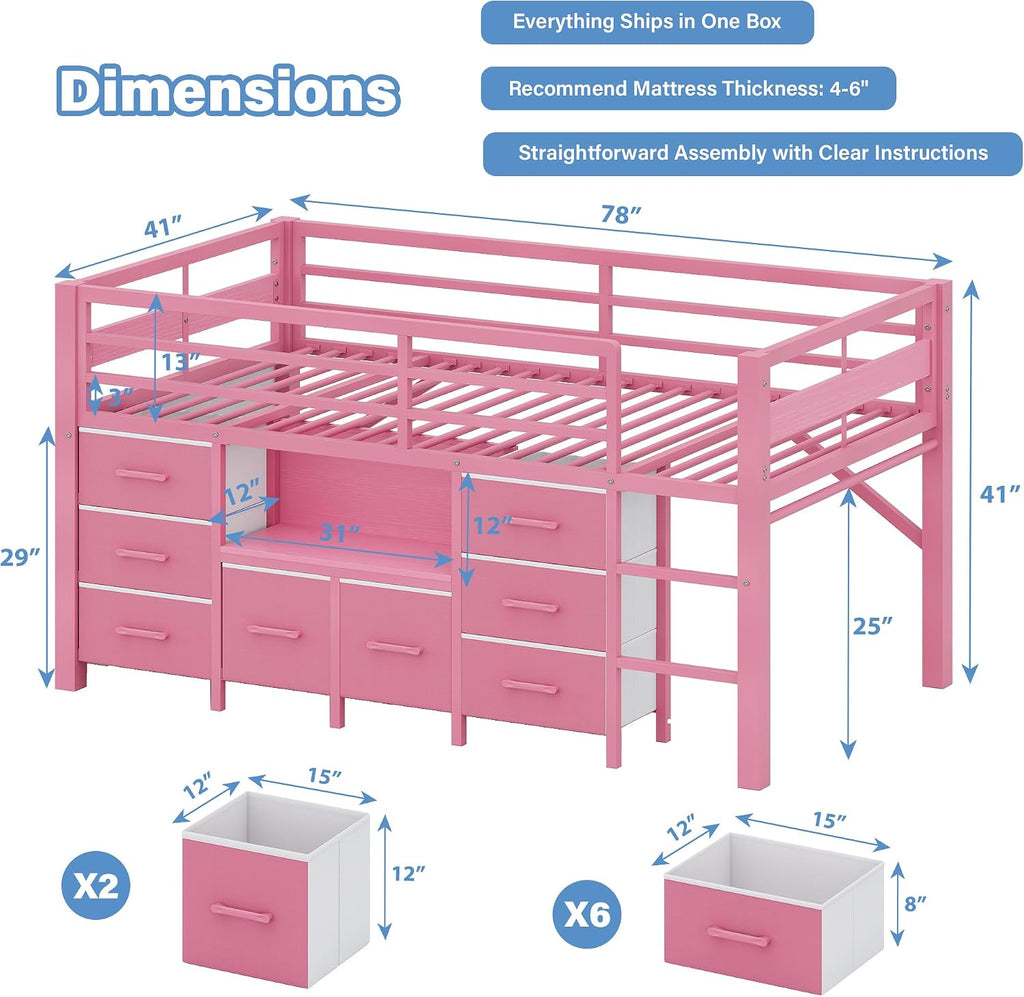 iPormis Low Loft Bed Twin Size with Bookcase, 8 Storage Drawers, Metal Kids Loft Bed with 13 Inch H Safety Guardrail, Play Curtain, Under-Bed Play Space - Pink