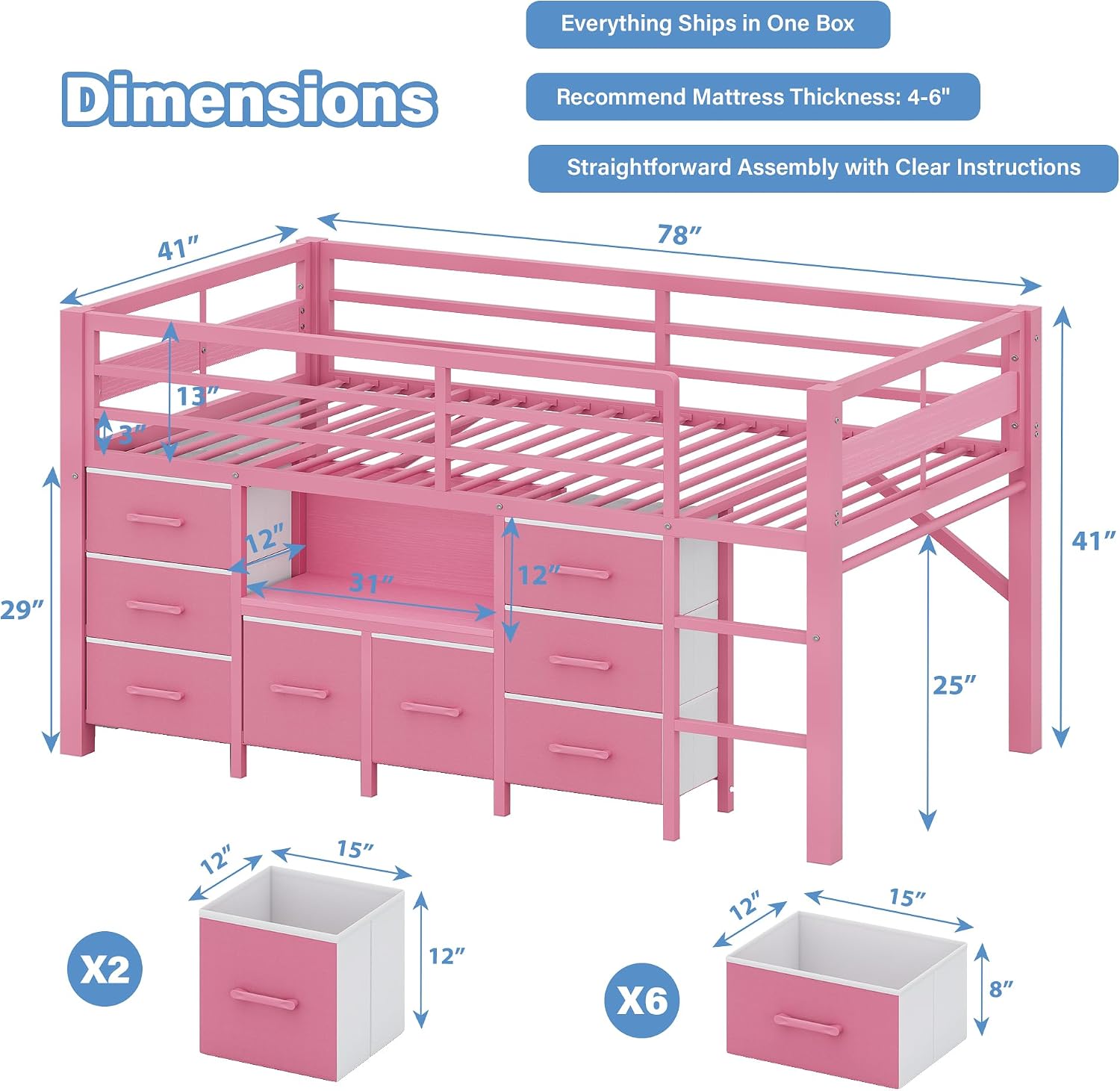 iPormis Low Loft Bed Twin Size with Bookcase, 8 Storage Drawers, Metal Kids Loft Bed with 13 Inch H Safety Guardrail, Play Curtain, Under-Bed Play Space - Pink