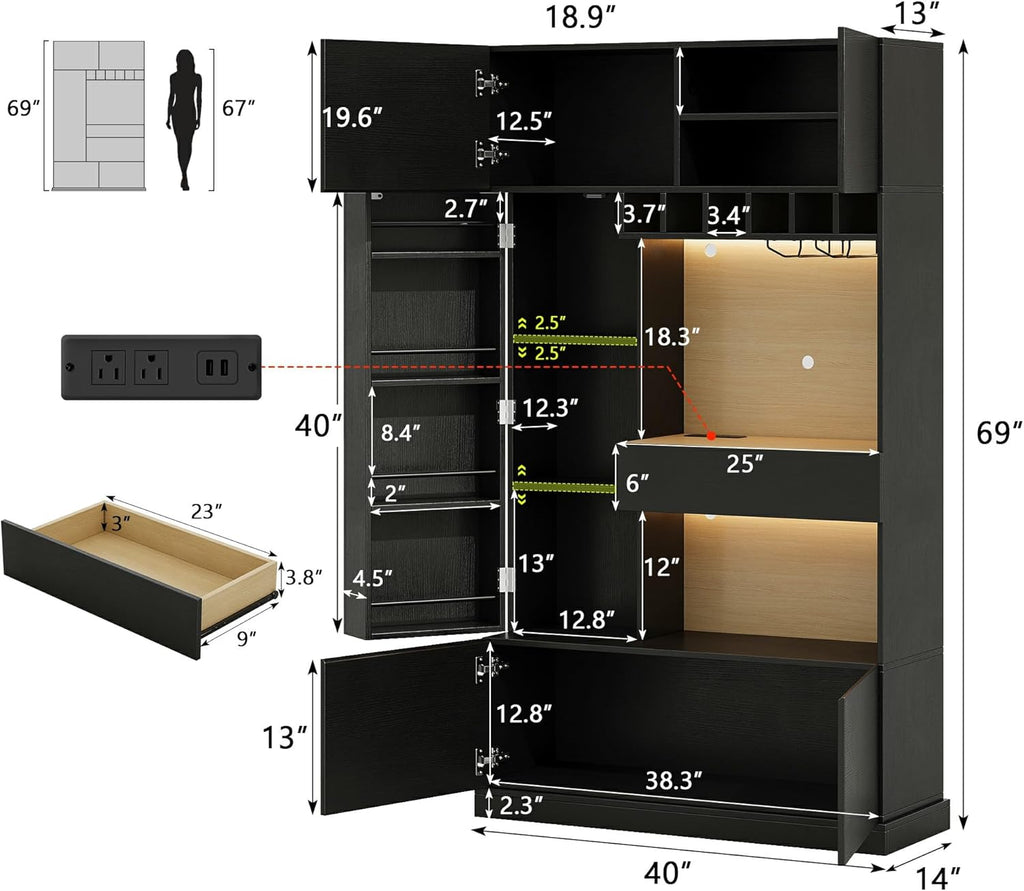 iPormis 69" Tall Kitchen Pantry Storage Cabinet with LED Lights & Microwave Stand & Wine Rack, Kitchen Hutch with Door Shelves & Adjustable Shelf & Drawers & Charge Station for Living Room, Black
