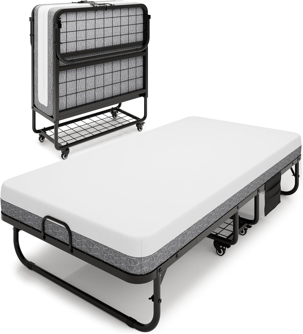 iPormis Folding Bed with Mattress, 76" x 38" Twin Foldable Bed with Side Pocket & Storage Shelf, Portable Rollaway Beds for Adults, Folded Up Beds w/Sturdy Metal Frame for Guest, Space Saving