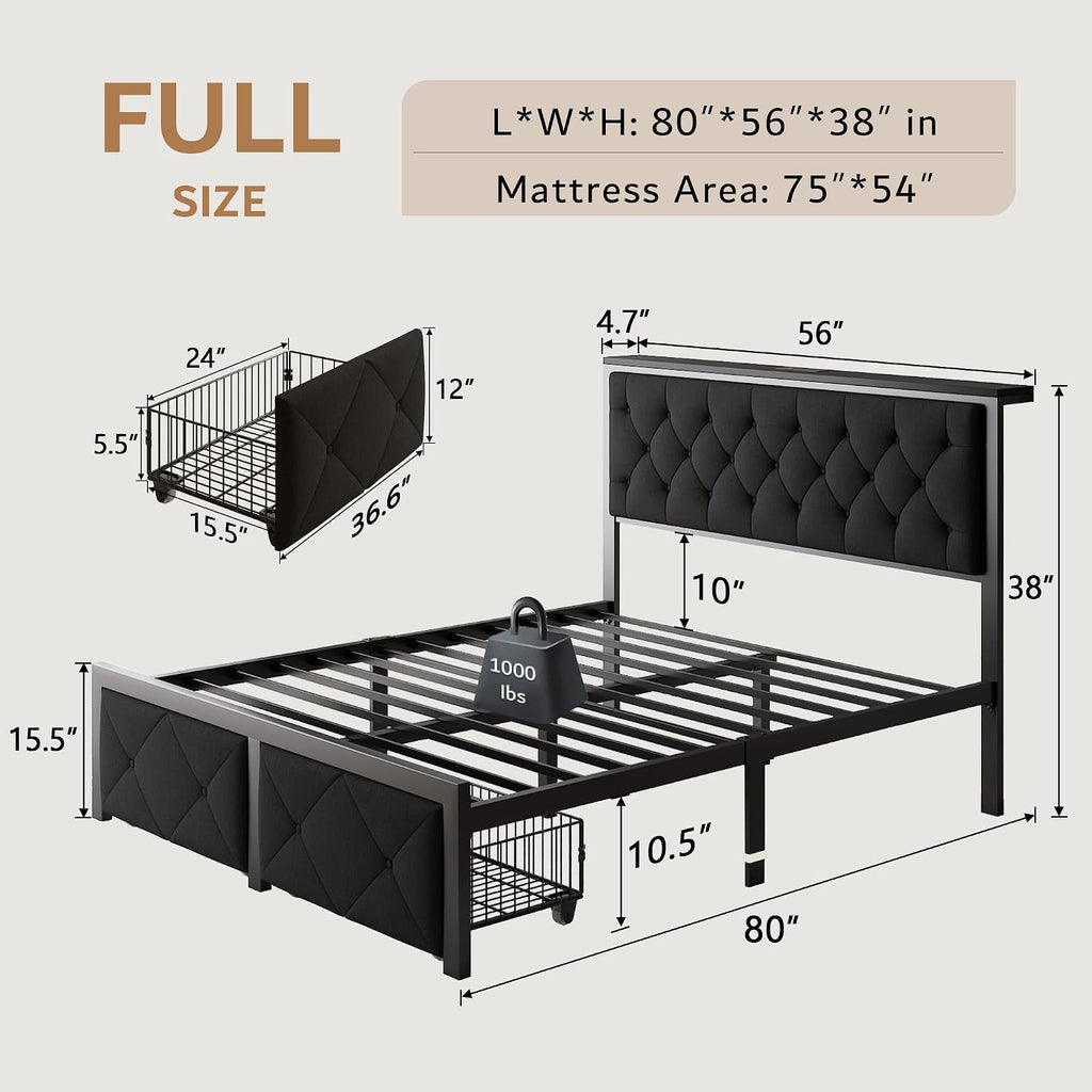 iPormis Full Bed Frame with 2 Storage Drawers, Linen Upholstered Headboard Platform Bed with Charging Station, No Box Spring Needed, Metal Slats Support, Noise-Free, Easy Assembly, Black