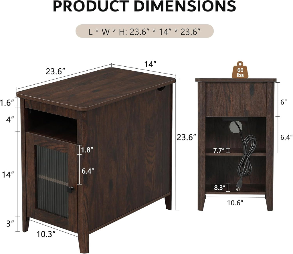 iPormis End Table with Charging Station, Narrow Side Table for Living Room, Farmhouse Night Stand with Storage Cabinet, Wood Bedside Table for Bedroom Small Space, Walnut
