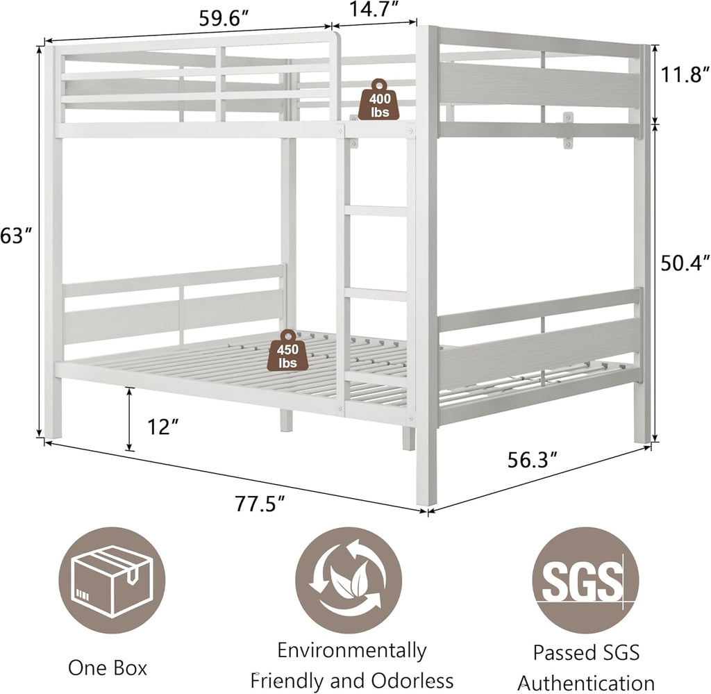 iPormis Metal Bunk Bed Full Over Full, Heavy Duty Bunk with High Guardrail and Safety Entrance Design, Under-Bed Storage Space, Easy Assembly, Noise Free, White