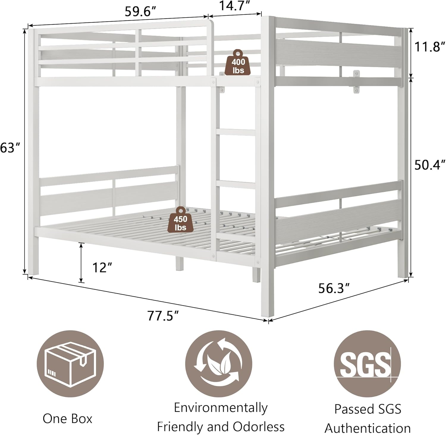 iPormis Metal Bunk Bed Full Over Full, Heavy Duty Bunk with High Guardrail and Safety Entrance Design, Under-Bed Storage Space, Easy Assembly, Noise Free, White