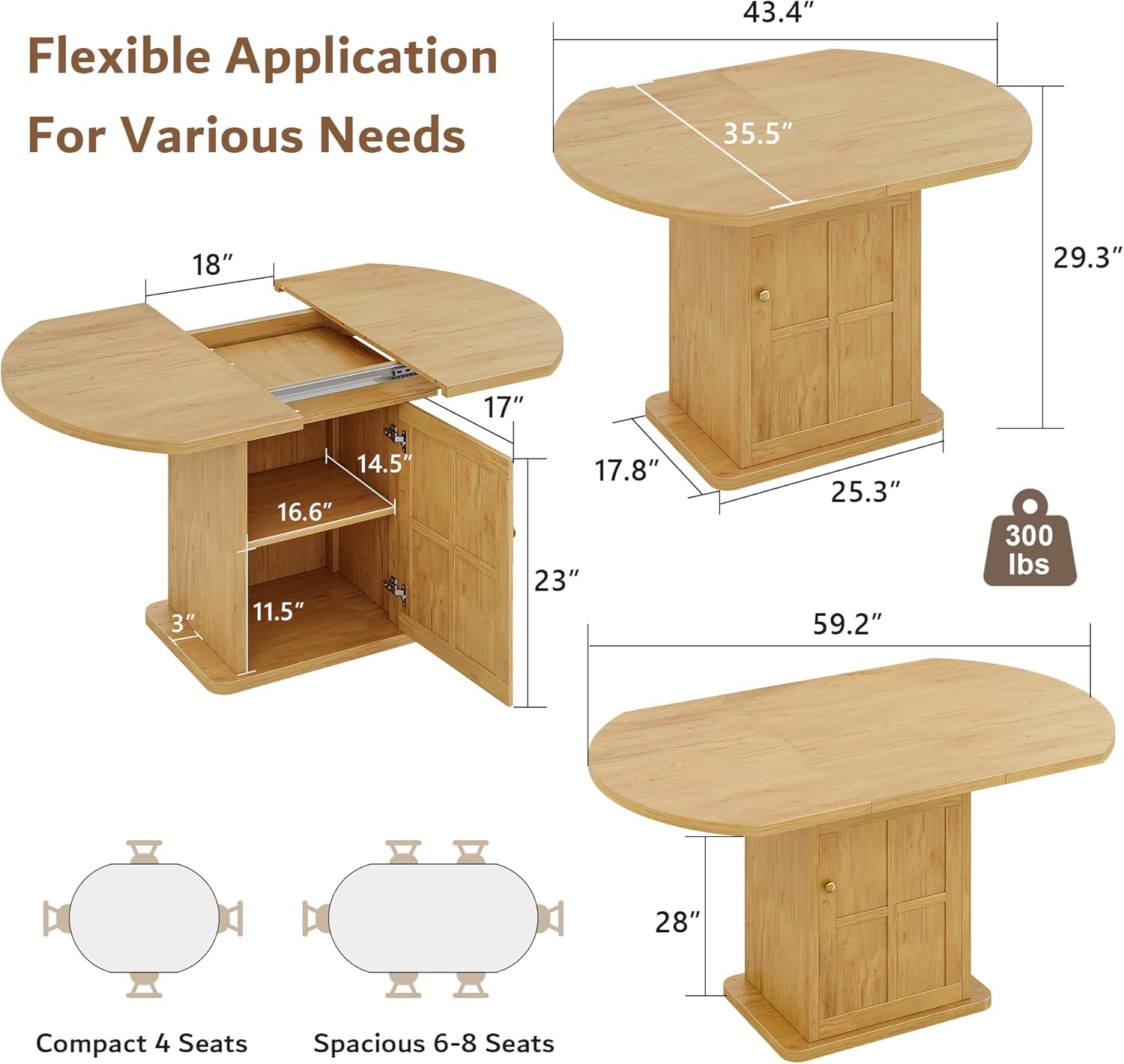 iPormis Extendable Round Dining Table for 4-6, 59'' Modern Kitchen Table with 2-Tier Storage Shelf, Wood Door, MDF Board, Space Saving Oval Dinner with Sturdy Pedestal Base, Kitchen, Dining, Oak