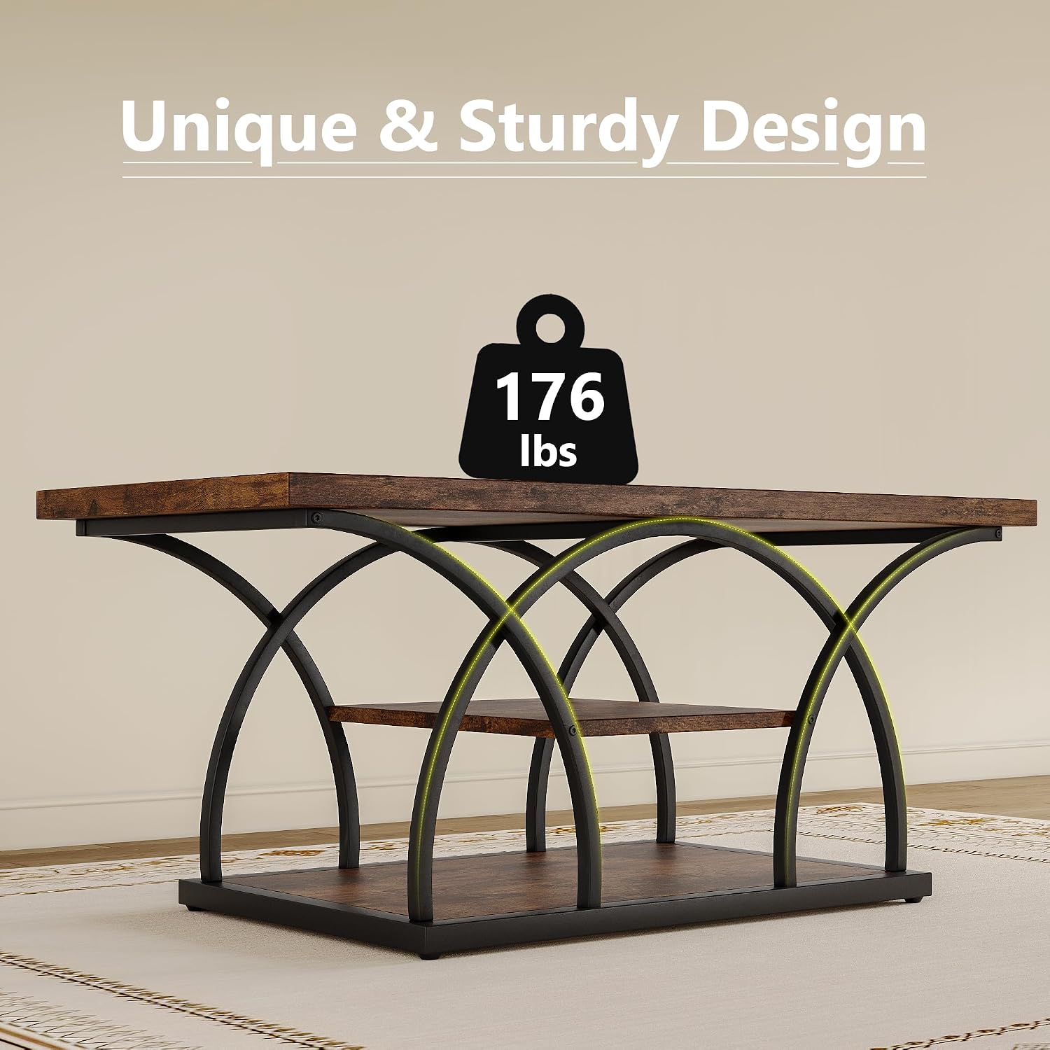 iPormis Rustic Coffee Table with Storage, 3 Tier Center Living Room Tables, 47 Inches Industrial Wood Rectangle Cocktail Tea Accent Table, Semicircle Metal Frame, Brown
