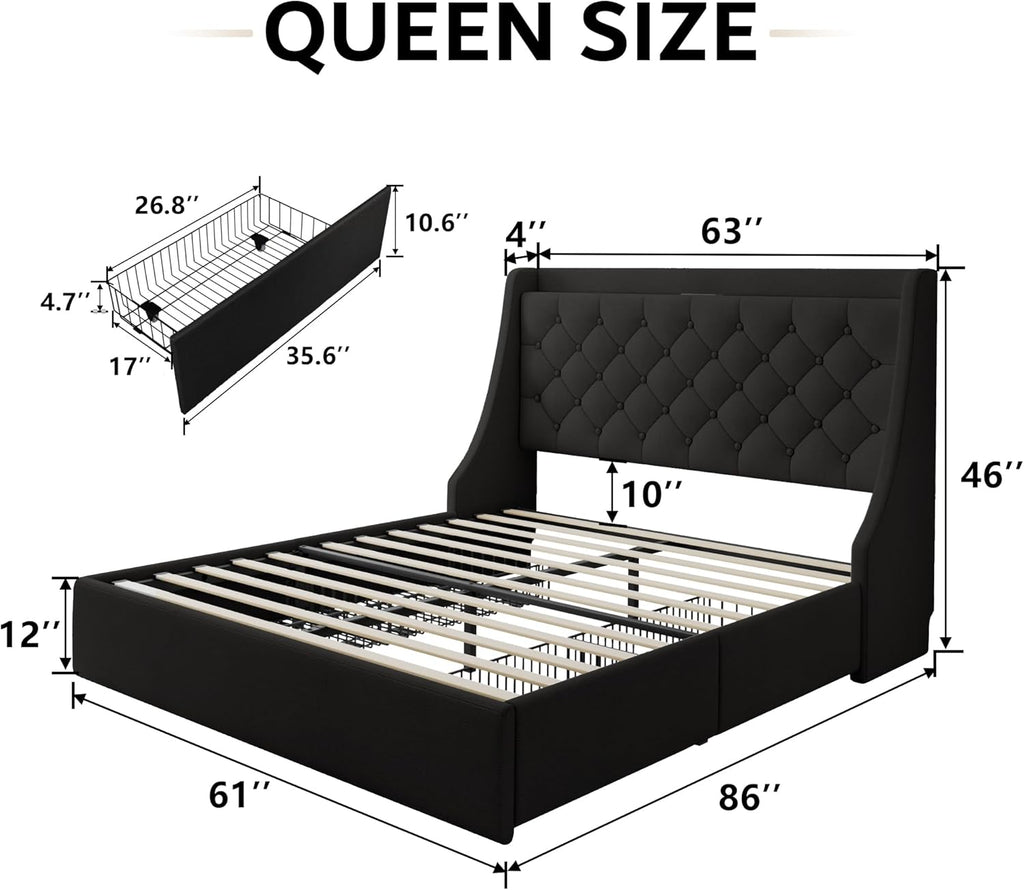 iPormis Queen Bed Frame with 4 Storage Drawers, Upholstered Platform Bed Frame with Type-C & USB Ports, Wingback Storage Headboard, Solid Wood Slats, No Box Spring Needed, Black