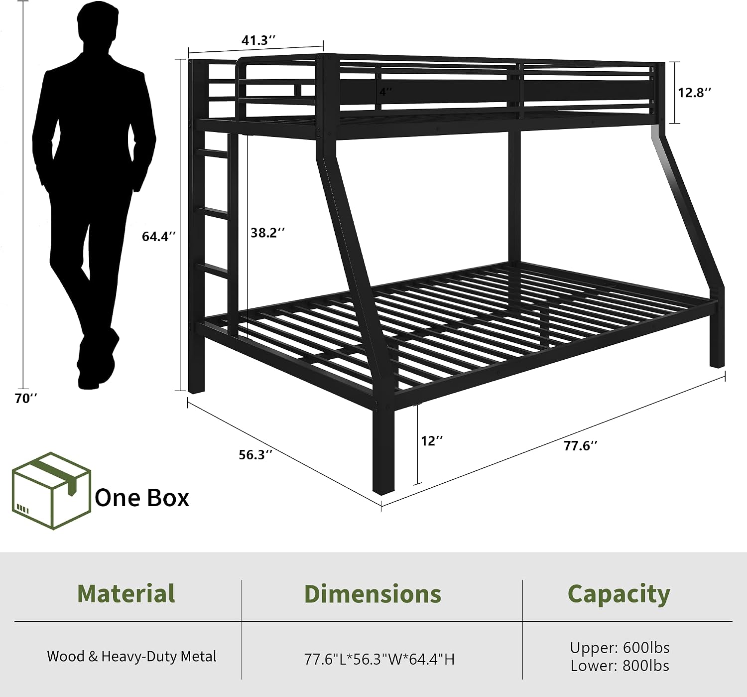 iPormis Heavy Duty Twin Over Full Bunk Beds, Metal Twin Bunk Bed Frame with 12.8" Guardrails, Loft Bed Frame for Kids and Teens, Reversible Ladder, Under Bed Storage Space, No Box Spring Needed, Black