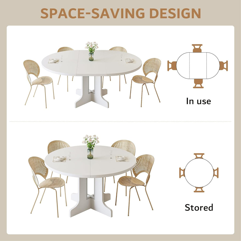 Modern white iPormis 59" round extendable dining table for 4-6 in a kitchen setting, showcasing sleek design and spacious surface.