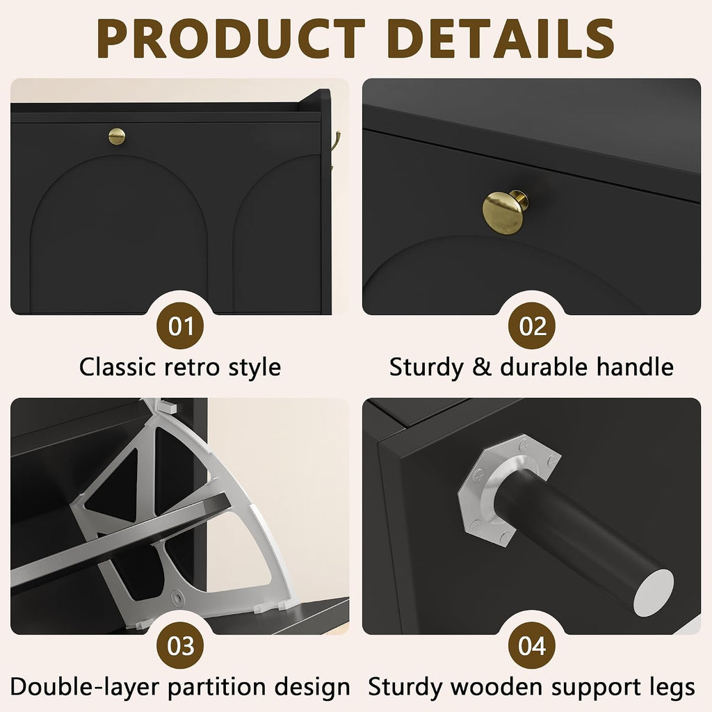 iPormis Shoe Cabinet with 2 Flip Drawers, Slim Shoe Storage Cabinet for Entryway, Narrow Shoe Organizer with Top Shelf, Side Hooks and Metal Legs, Hidden Shoe Rack for Hallway, Black