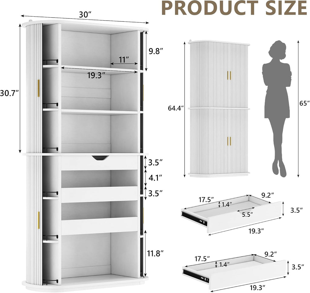 iPormis Kitchen Pantry with Sliding Doors, Tall Modern Curved Pantry Storage Cabinets with Drawer & Pull Out Shelves, 64-Inch Freestanding Wood Cupboard for Kitchen Dining Room Living Room, White