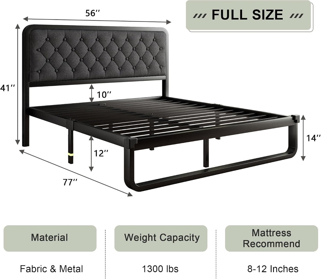 Feonase Full Size Bed Frame, Upholstered Bed Frame with Heavy-Duty Metal Steel Slats, Diamond Linen Headboard, 12" Storage Space, No Box Spring Needed, Noise Free, Easy Assembly, Dark Gray