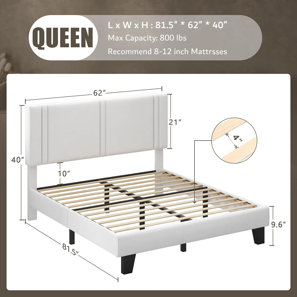 iPormis Queen Platform Bed Frame with Velvet Upholstered Headboard & Thickened Legs, Mattress Foundation with Solid Wooden Slats Support, No Box Spring Needed, Noise Free, White
