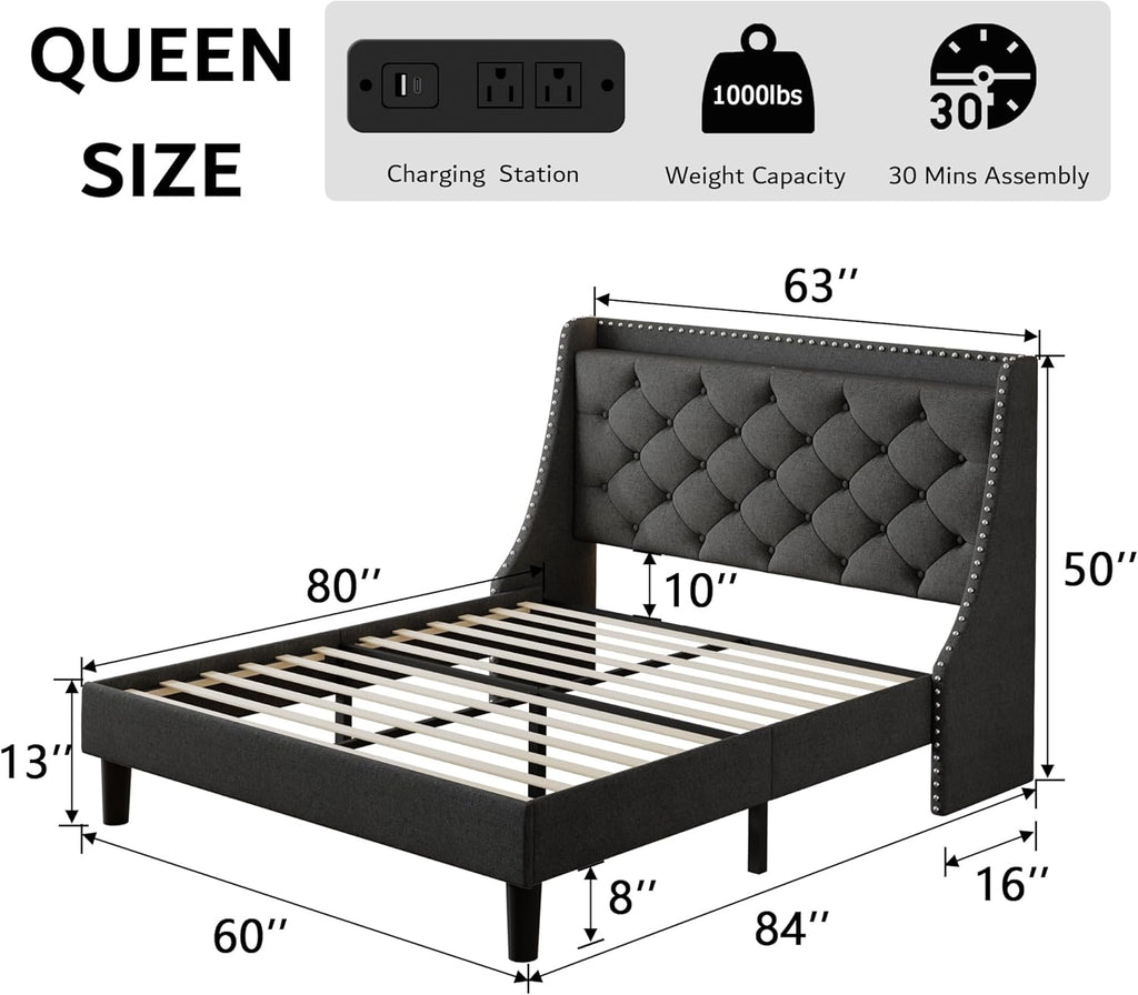 iPormis Queen Bed Frame with 16" Comfort Wingback & Charging Station, Upholstered Platform Bed with Button Tufted Storage Headboard, Solid Wood Slats Support, No Box Spring Needed, Dark Grey