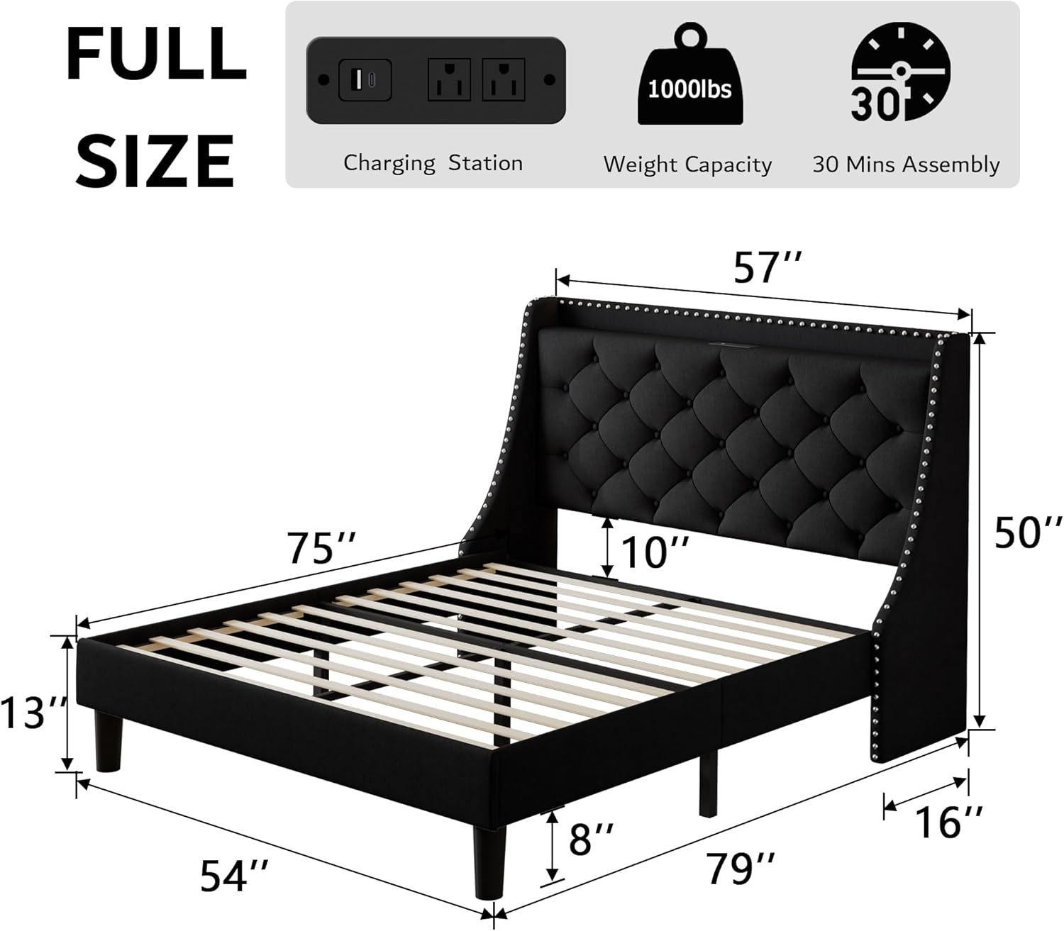 iPormis Full Bed Frame with 16" Comfort Wingback & Charging Station, Upholstered Platform Bed with Button Tufted Storage Headboard, Solid Wood Slats Support, No Box Spring Needed, Black