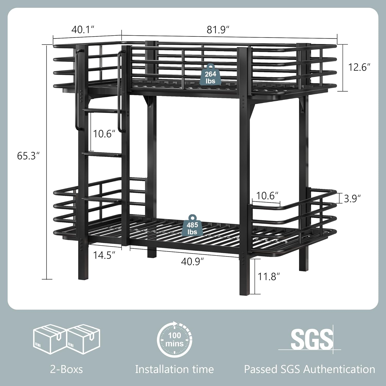 iPormis Metal Bunk Bed Twin Over Twin, Heavy Duty Bunk with High Guardrail and Ladder with Built-in Handrails & Wide Steps, Under-Bed Storage Space, Easy Assembly, Noise Free, Black