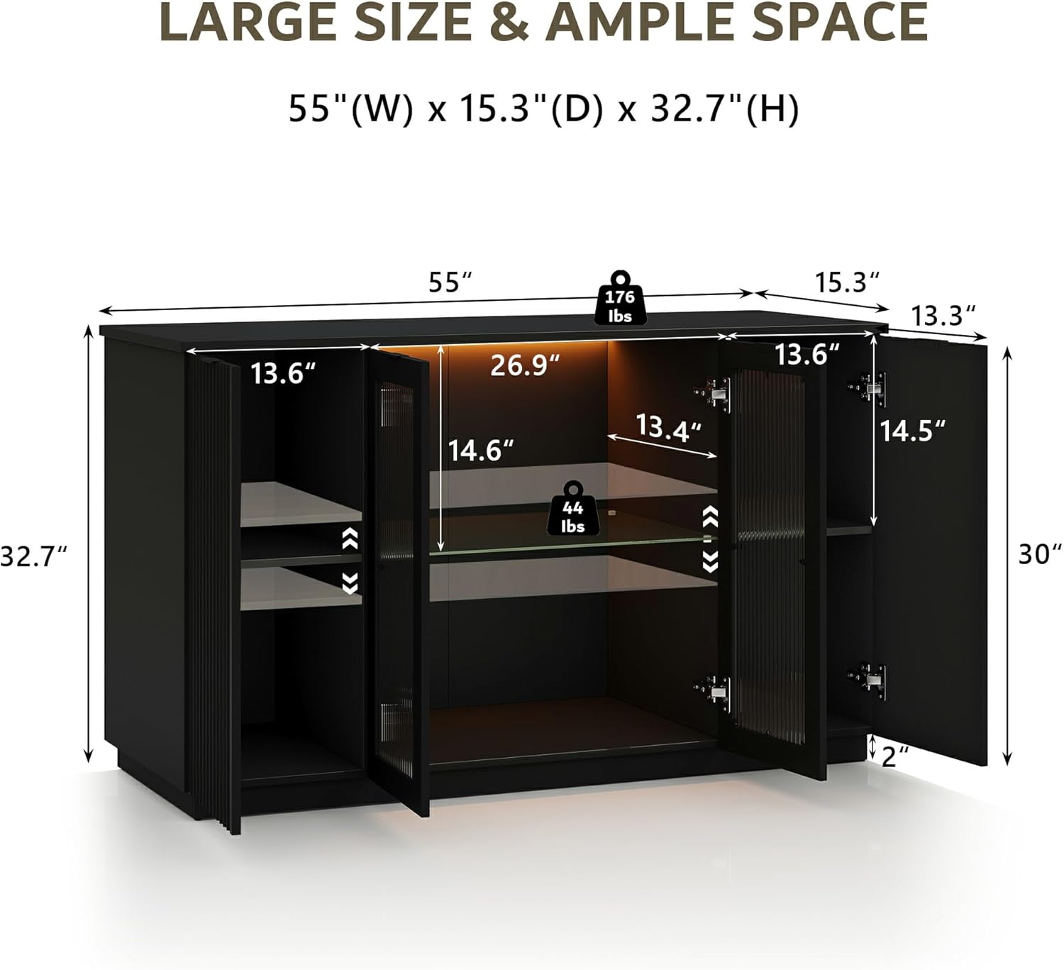 iPormis Sideboard Buffet Cabinet with Glass Doors & LED Lights, Fluted Credenza Storage Cabinet with Adjustable Shelves, 55" Modern Wood Coffee Bar for Kitchen Room Living Room Black