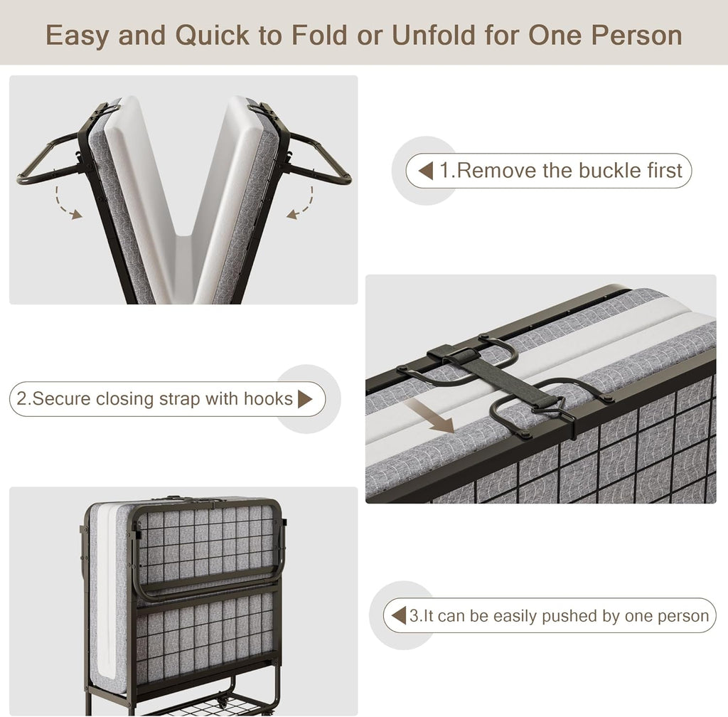 iPormis Folding Bed with Mattress, 76" x 38" Portable Foldable Bed with Side Pocket & Storage Shelf, Twin Rollaway Beds for Adults, Folded Up Beds w/Sturdy Metal Frame for Guestroom, Space Saving