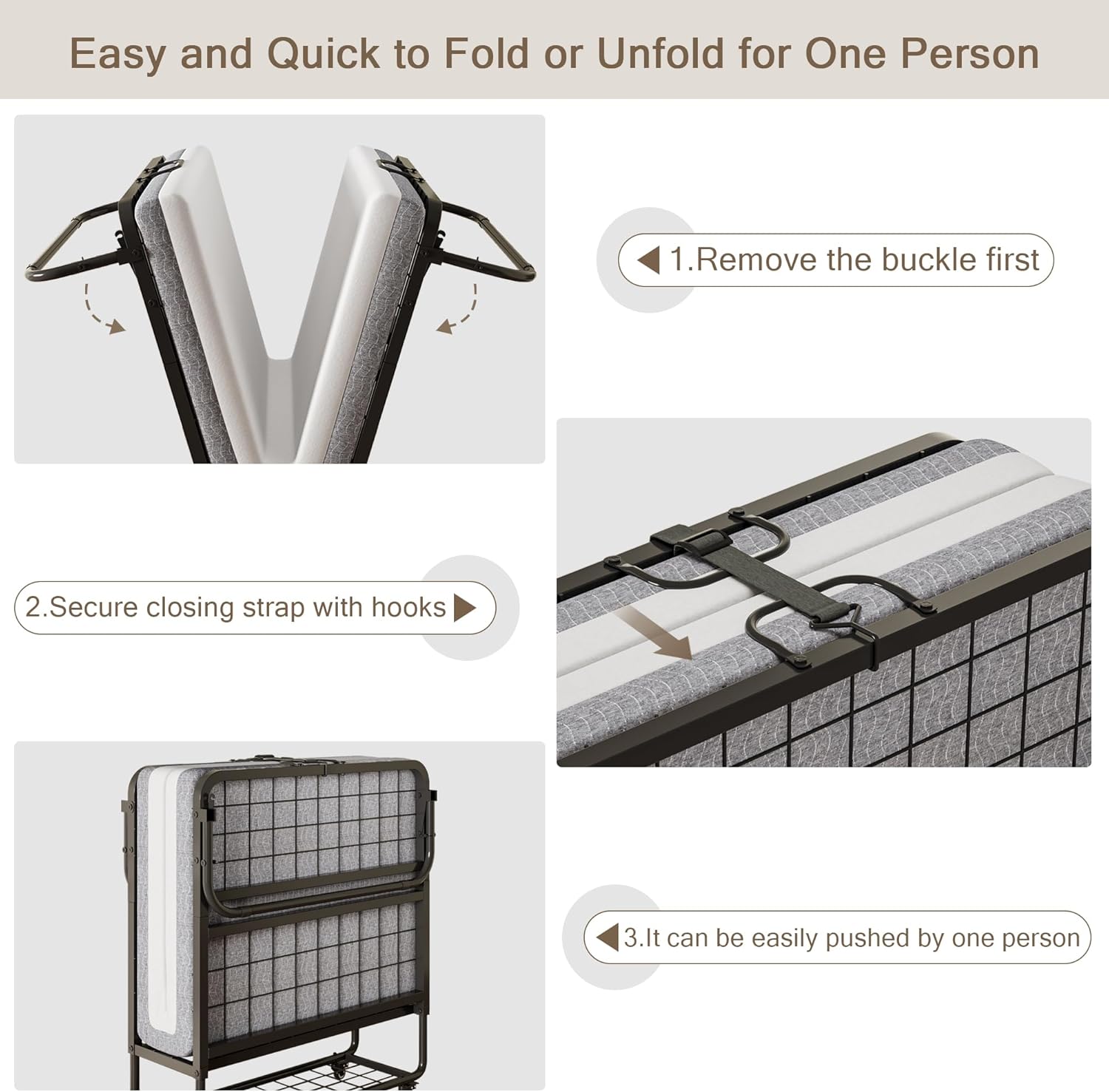 iPormis Folding Bed with Mattress, 76" x 38" Portable Foldable Bed with Side Pocket & Storage Shelf, Twin Rollaway Beds for Adults, Folded Up Beds w/Sturdy Metal Frame for Guestroom, Space Saving