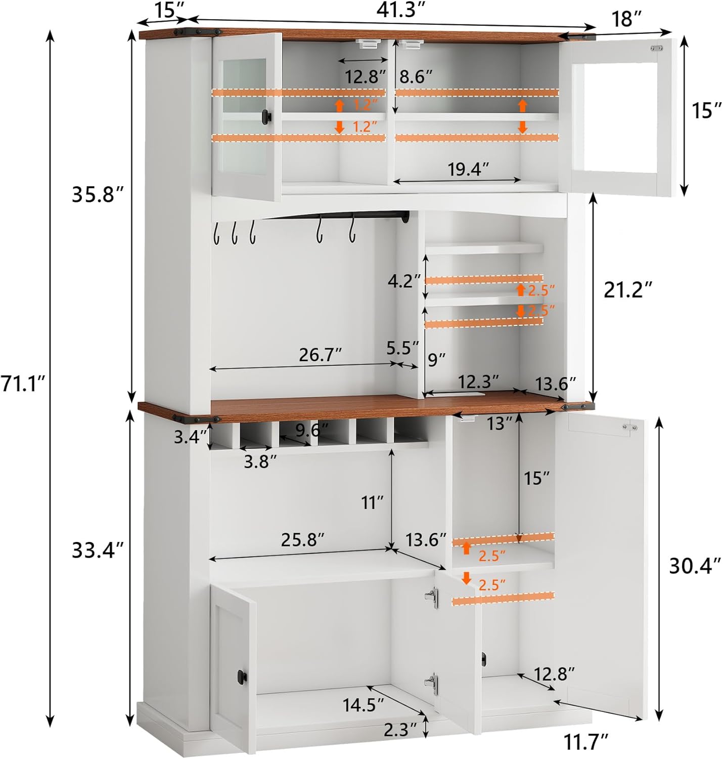 71" Ipromis kitchen pantry cabinet with microwave stand, wine rack, glass doors, and adjustable shelves in a farmhouse style.