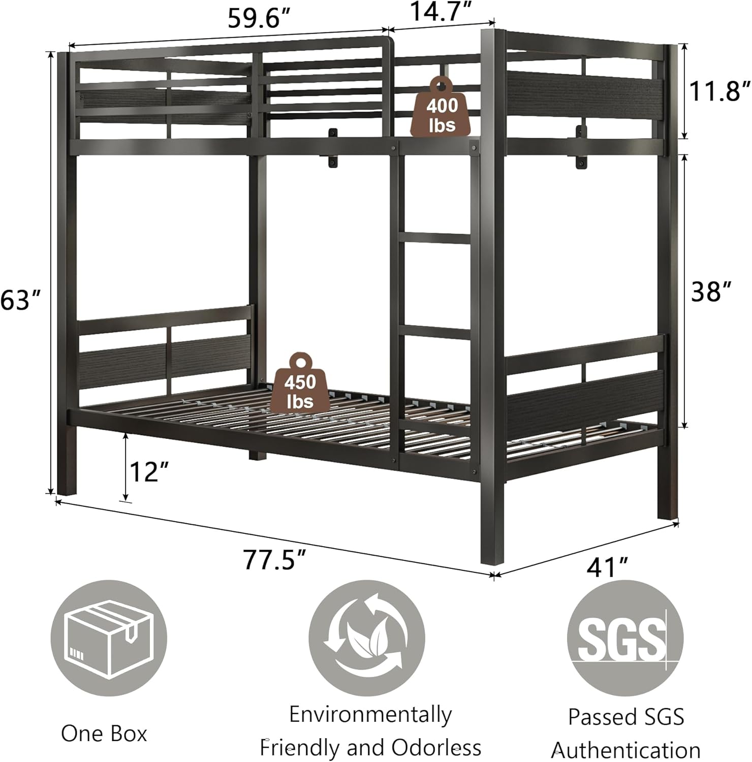 iPormis Metal Bunk Bed Twin Over Twin, Heavy Duty Bunk with High Guardrail and Safety Entrance Design, Under-Bed Storage Space, Easy Assembly, Noise Free, Black