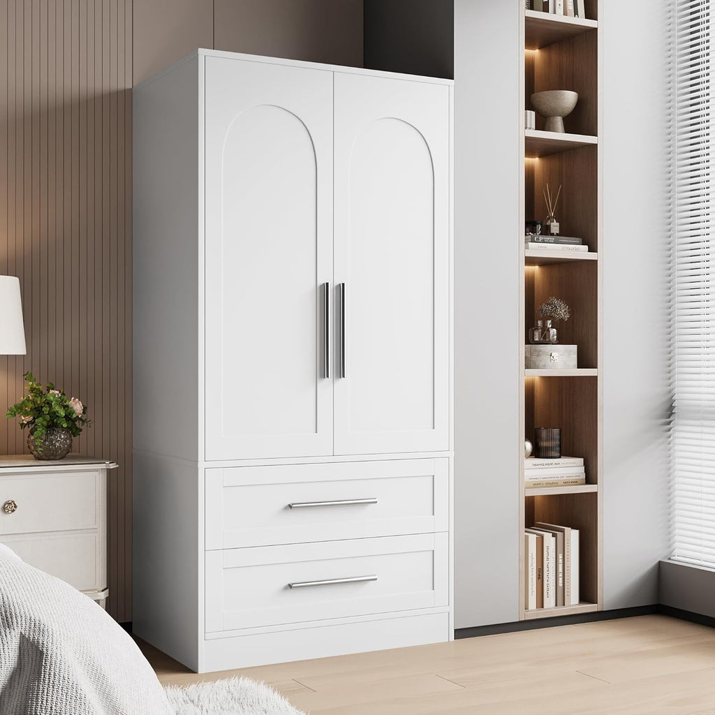 Modern Ipromis armoire wardrobe closet in wood, featuring two drawers and doors for clothing storage in a bedroom setting.