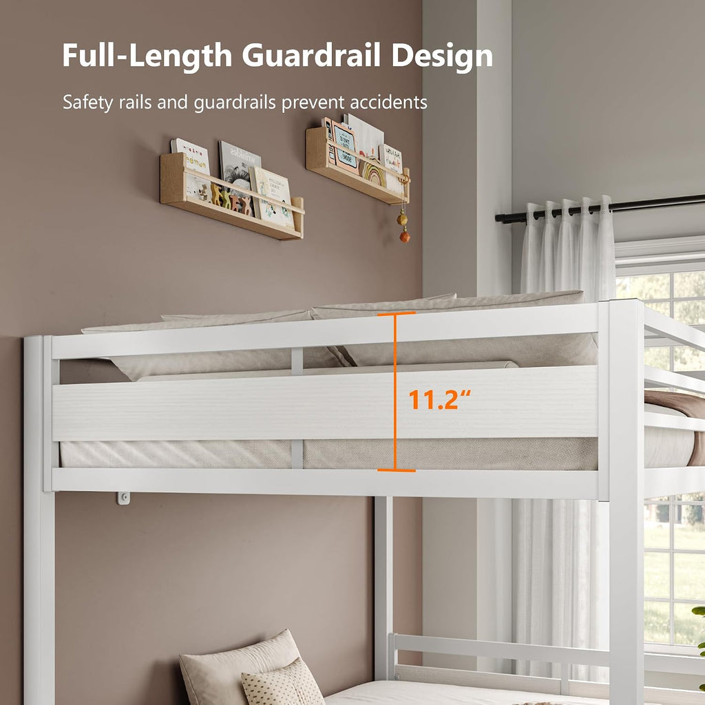 iPormis Metal Bunk Bed Full Over Full, Heavy Duty Bunk with High Guardrail and Safety Entrance Design, Under-Bed Storage Space, Easy Assembly, Noise Free, White