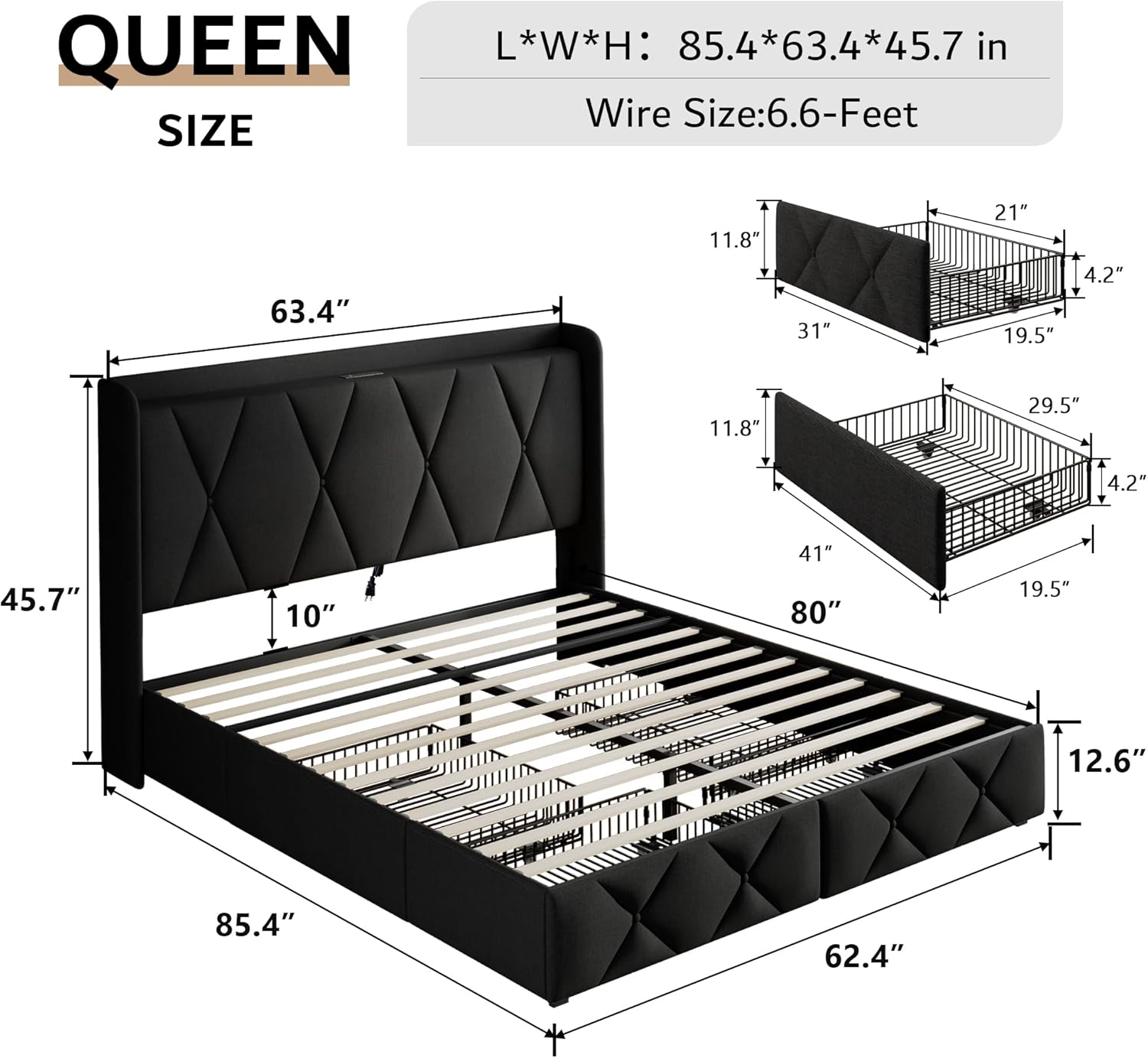 iPormis Queen Bed Frame with 4 Storage Drawers, Upholstered Platform Bed Frame with Charging Station, Modern Wingback Storage Headboard, Easy Assembly, Black