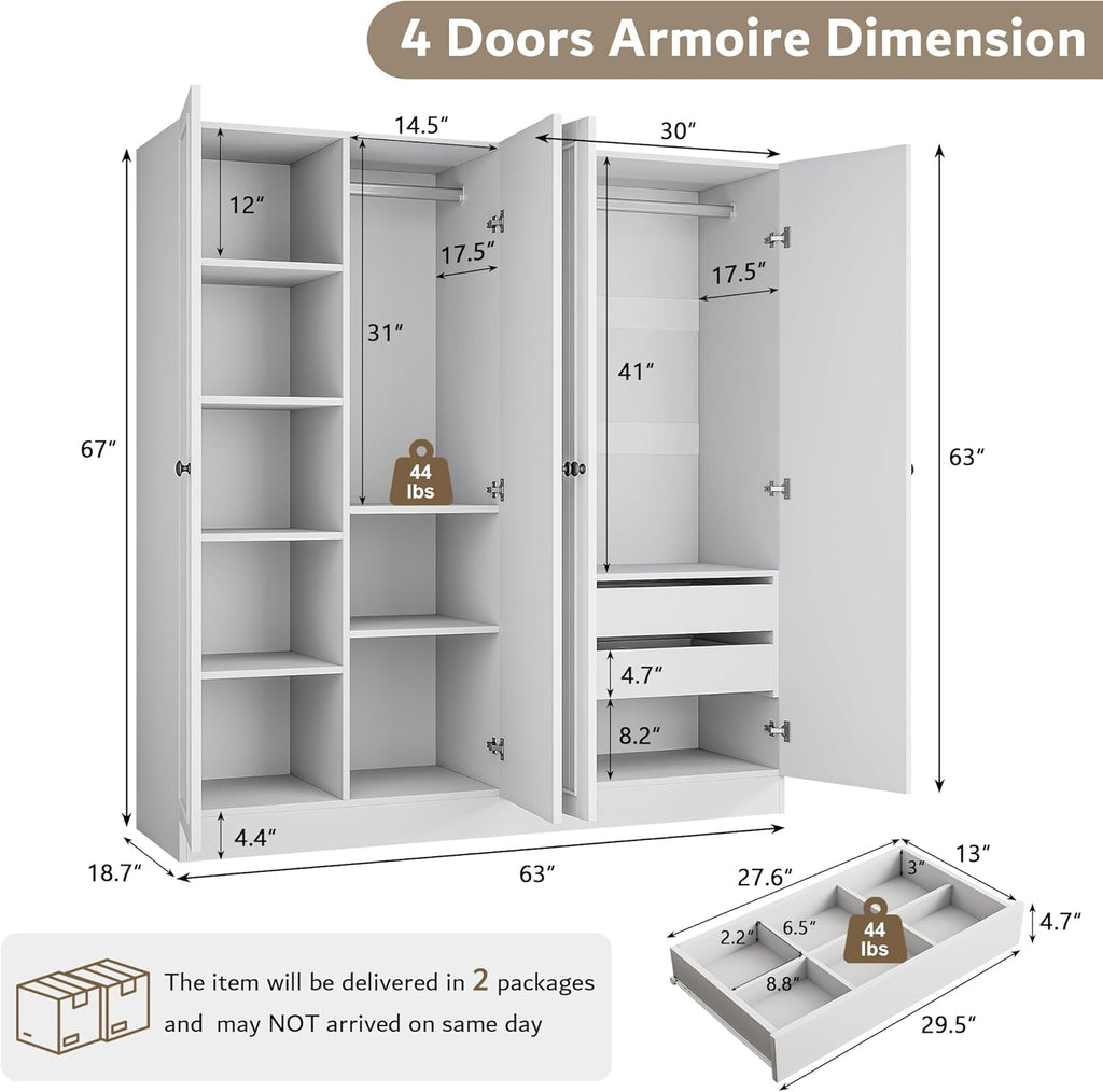 iPormis 4-door wardrobe closet in white with 2 drawers, showcasing spacious storage and modern design.
