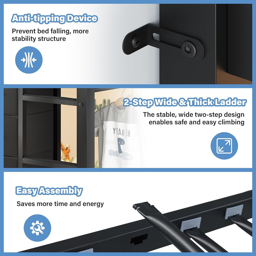iPormis Low Loft Bed Twin Size with Bookcase, 8 Storage Drawers, Metal Kids Loft Bed with 13 Inch H Safety Guardrail, Play Curtain, Under-Bed Play Space - Black