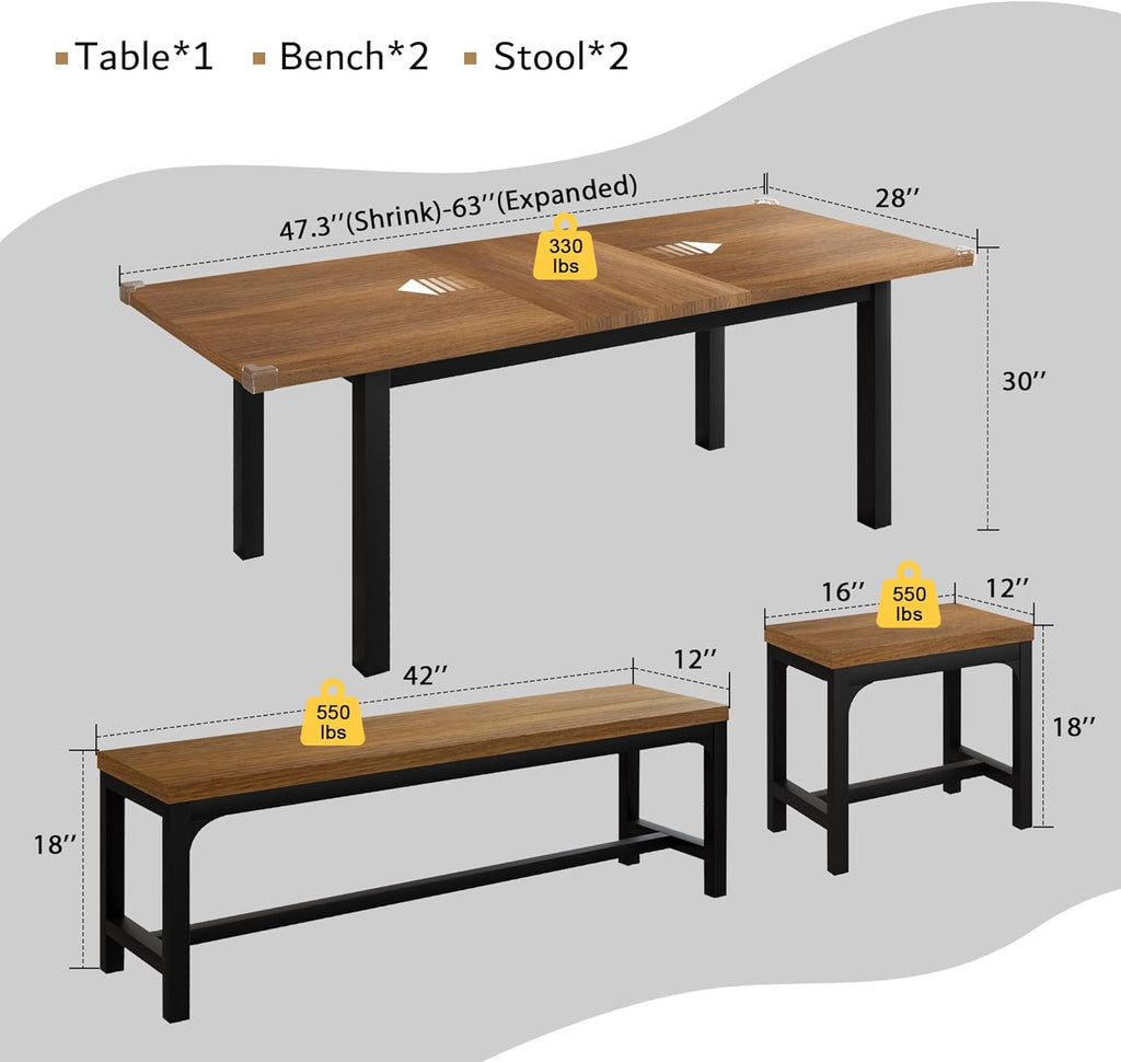 iPormis extendable dining table set with 2 benches and 2 square stools, designed for 4-8 people in a modern kitchen.