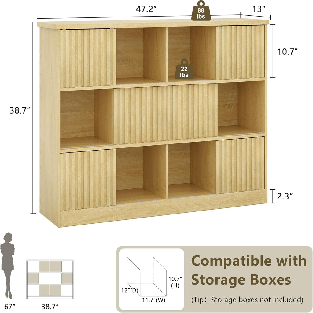 iPormis bookcase with 12 cube storage and 6 fluted sliding doors in oak finish, showcasing modern organization style.