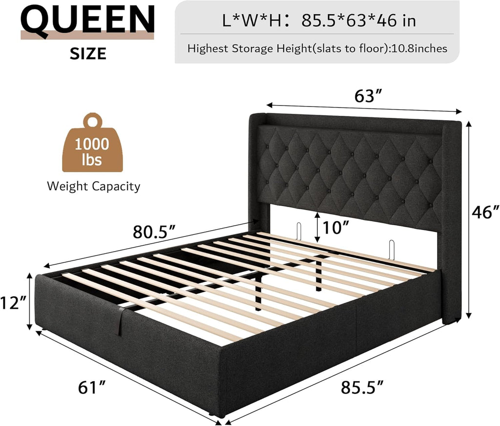 iPormis Queen Size Lift Up Storage Bed Frame with Charging Station, Upholstered Platform Bed Frame with Tufted Headboard, Hydraulic Storage, No Box Spring Needed, Noise-Free, Easy Assembly, Dark Grey