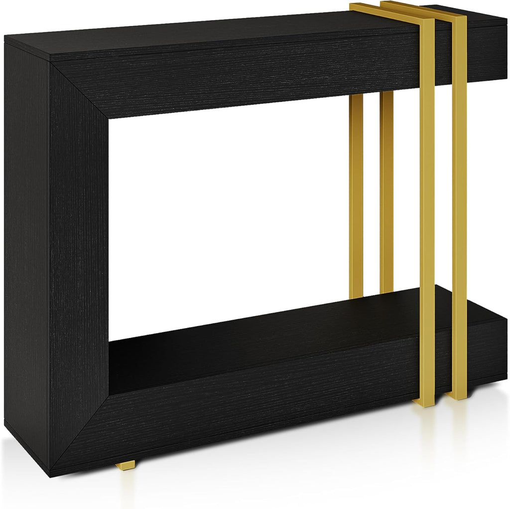iPormis 42.5-Inch Console Table for Entryway, 2-Tier Sofa Table Behind Couch, Wood Entry Table with Storage & Metal Lines Base for Living Room, Hallway, Foyer, Black