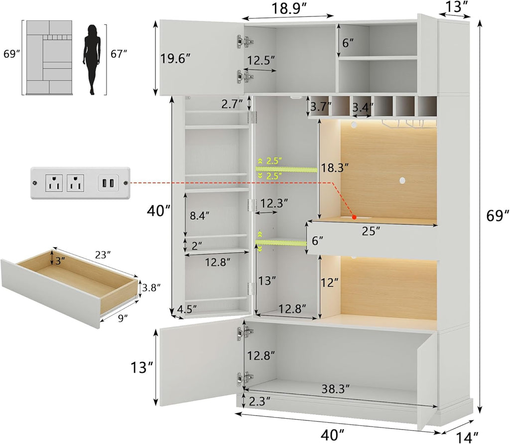 iPormis 69" tall kitchen pantry cabinet with LED lights, wine rack, and hutch featuring door shelves in a modern kitchen setting.