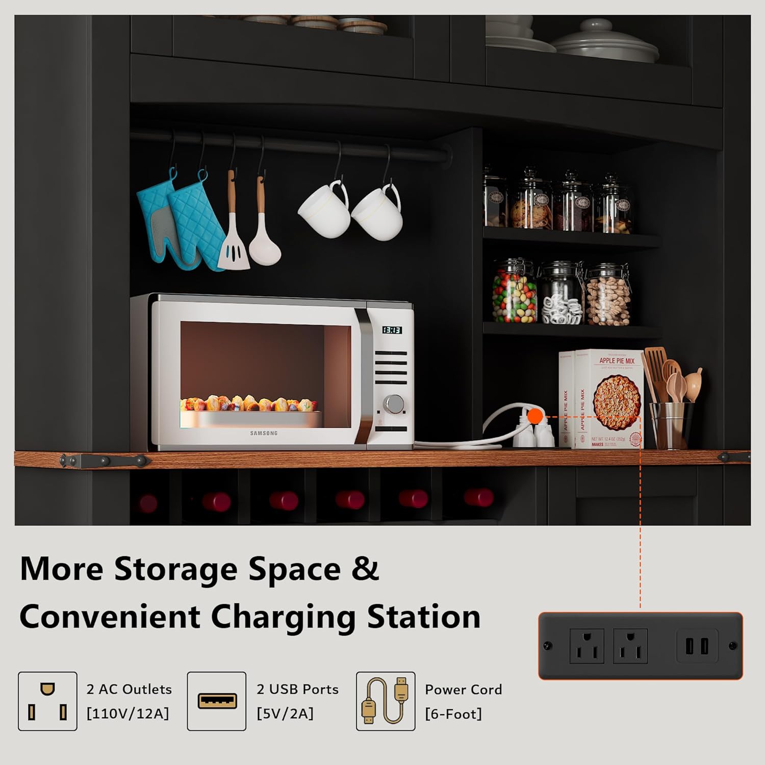 71" Tall Kitchen Pantry Storage Cabinet with Microwave Stand and Wine Rack, Farmhouse Kitchen Hutch with Adjustable Shelves and Glass Door, Coffee Bar Hutch with Charge Station and Countertop, Black