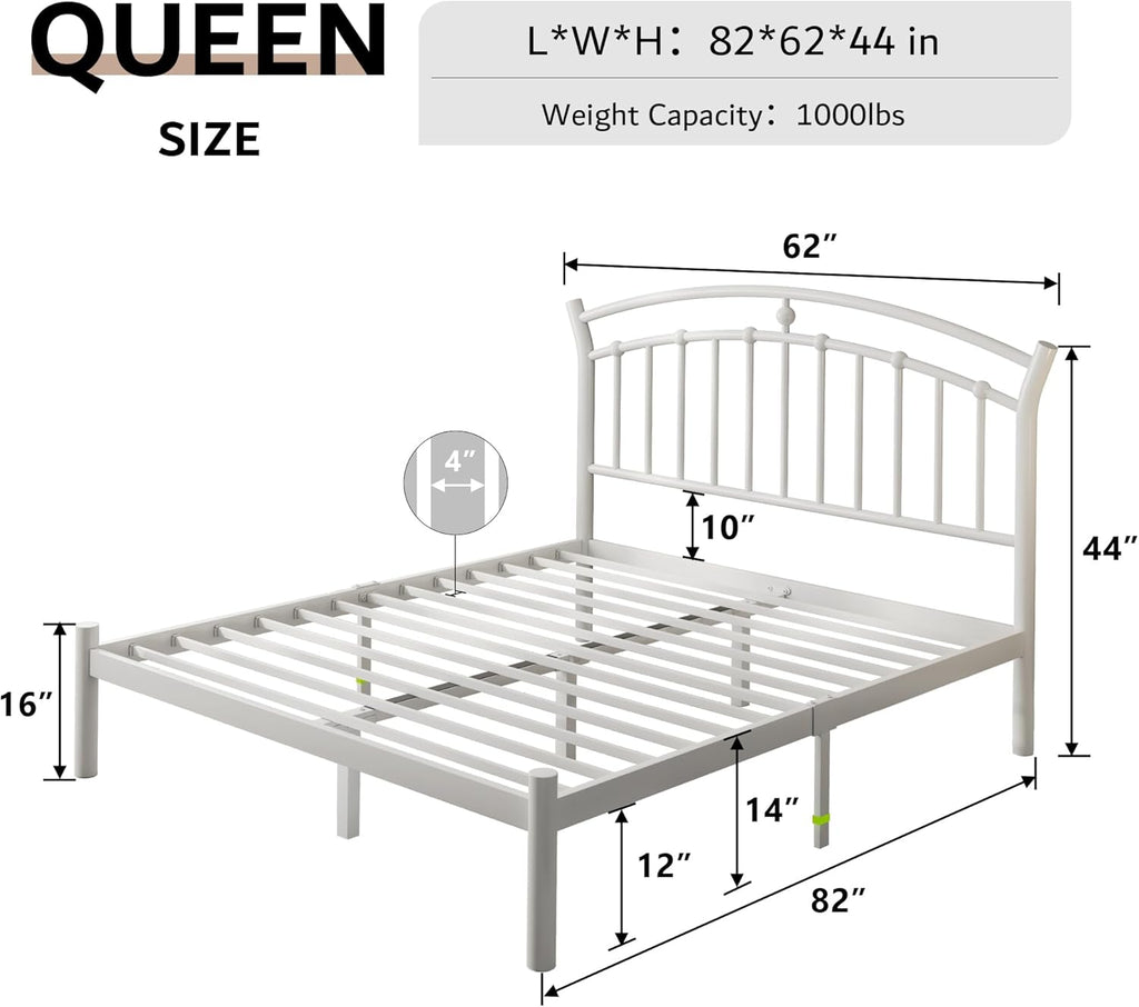 iPormis Queen Size Metal Platform Bed Frame with Modern Iron-Art Headboard/Heavy Duty Steel Slats Support/Under Bed Storage/No Box Spring Needed/Easy Assembly/Noise-Free/White