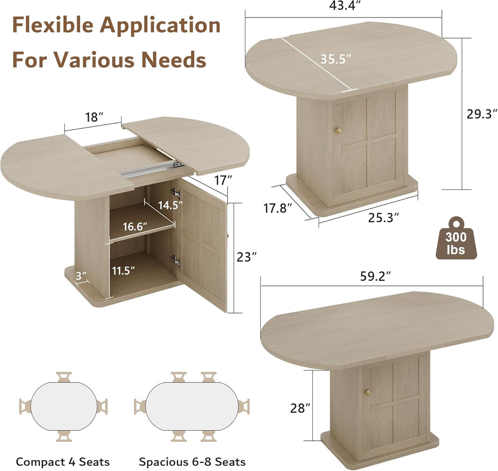 iPormis Extendable Round Dining Table for 4-6, 59'' Modern Kitchen Table with 2-Tier Storage Shelf, Wood Door, MDF Board, Space Saving Oval Dinner with Sturdy Pedestal Base, Kitchen, Dining, Natural