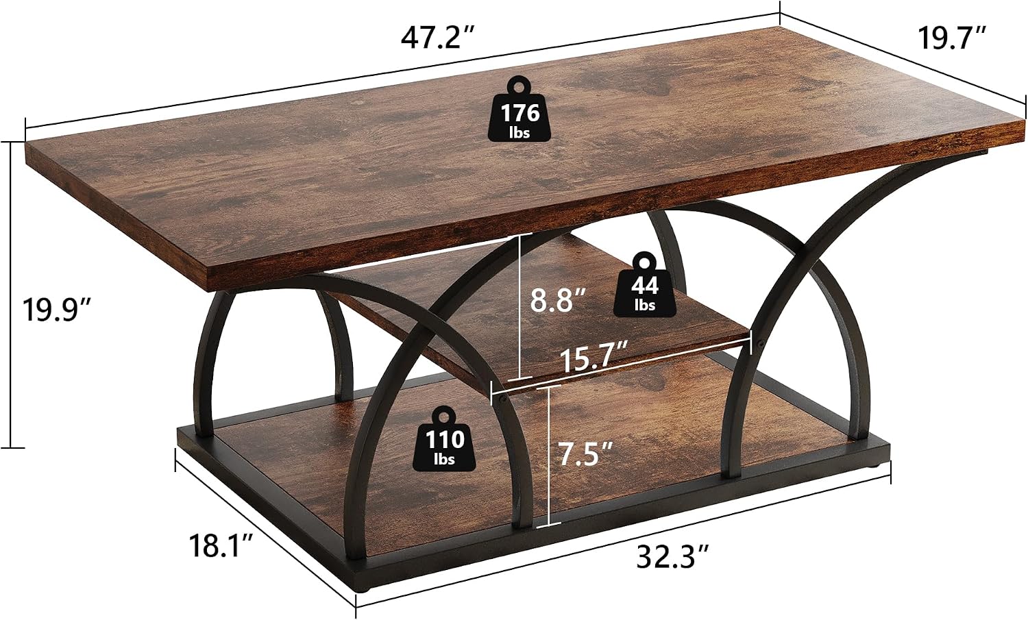 iPormis Rustic Coffee Table with Storage, 3 Tier Center Living Room Tables, 47 Inches Industrial Wood Rectangle Cocktail Tea Accent Table, Semicircle Metal Frame, Brown