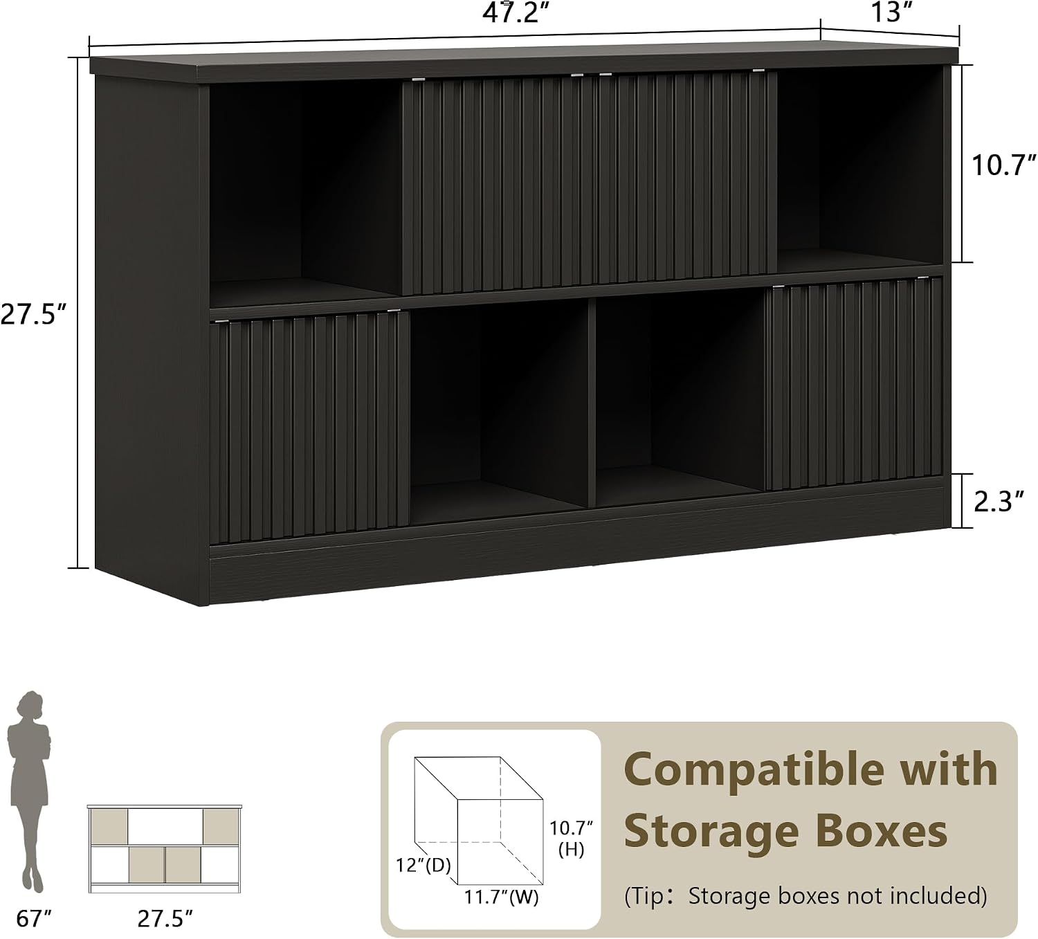 iPormis 8 Cube Bookshelf with Sliding Doors, Wooden Bookcase Storage Cabinet, Freestanding Cube Shelf Organizer for Books Decor in Living Room Bedroom Office, Black