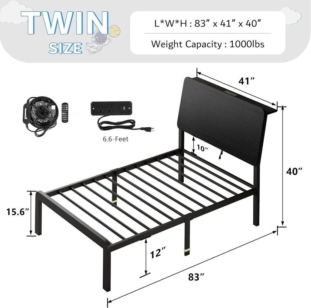 iPormis Metal Twin Bed with Ergonomic Wooden Headboard, Platform Beds with LED Lights and Charging Station, Sturdy Steel Slats Supports, No Box Spring Needed, Noise-Free, Easy Assembly, Black