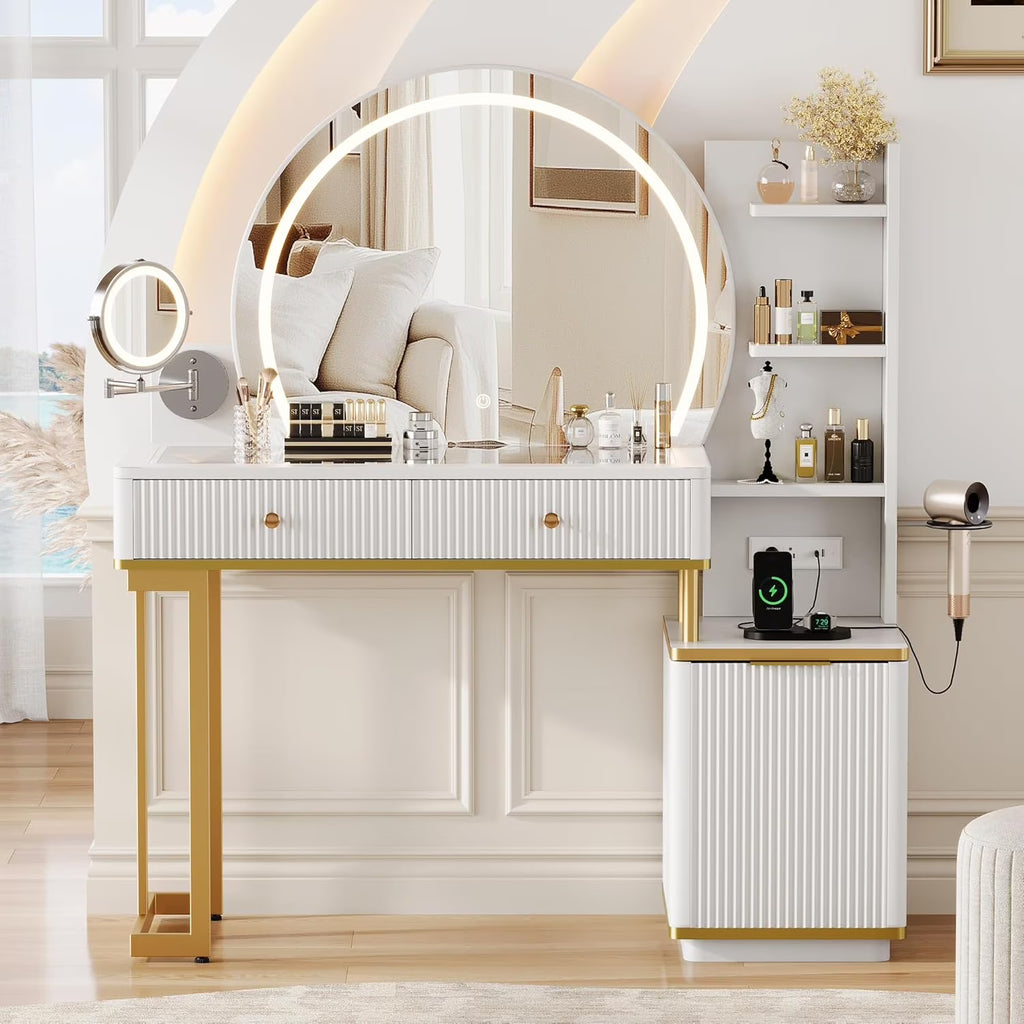 iPormis Makeup Vanity Desk with Round Mirror and Lights, 5x Magnifying Makeup Mirror, Dressing Table w/Power Outlets, Doorshelves & Adjustable Storage