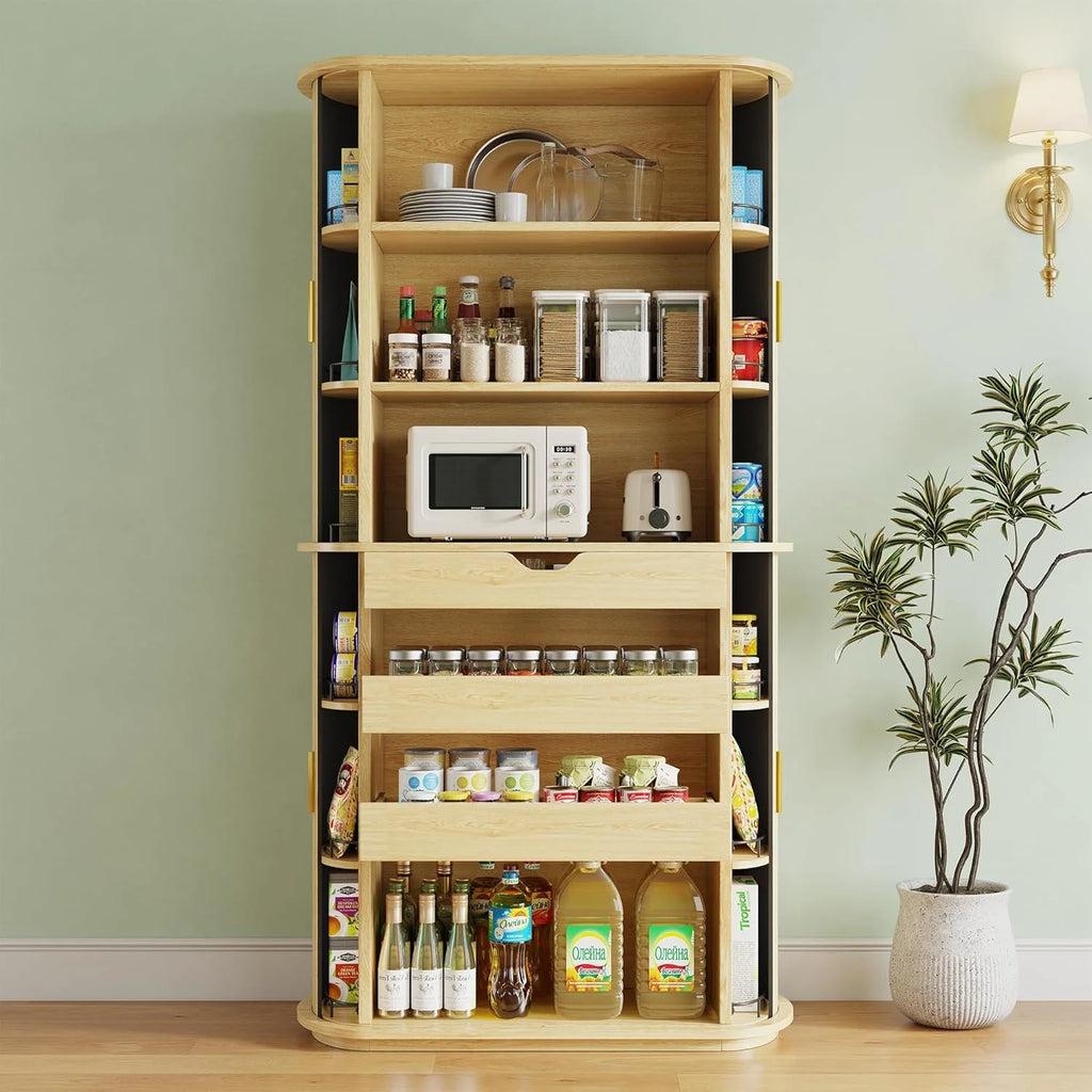 iPormis 64" Kitchen Pantry with Sliding Doors, Tall Farmhouse Curved Pantry Storage Cabinets with Drawer & Pull Out Shelves