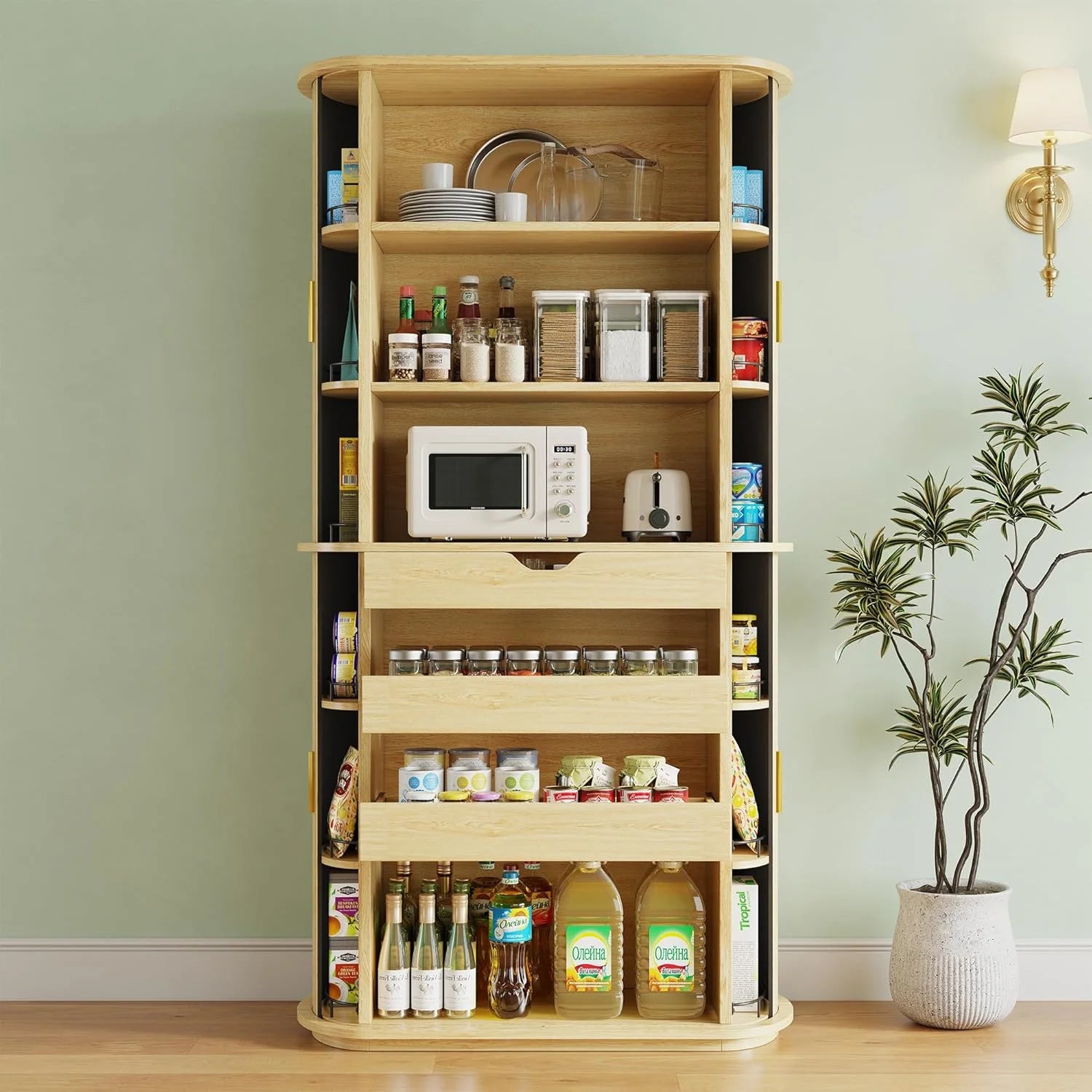 iPormis 64" Kitchen Pantry with Sliding Doors, Tall Farmhouse Curved Pantry Storage Cabinets with Drawer & Pull Out Shelves