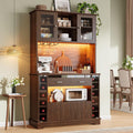 iPormis Bar Cabinet, 71'' Tall Coffee Bar Cabinet with Charging Station and LED Lights, Wine Cabinet with Storage, Wine Rack and Glass Holder, Liquor Cabinet for Home, Dark Walnut