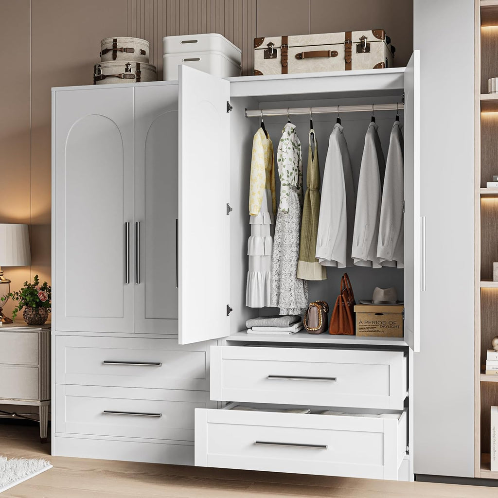 Modern Ipromis armoire wardrobe closet with two drawers and doors, showcasing clothing storage in a stylish wooden design.